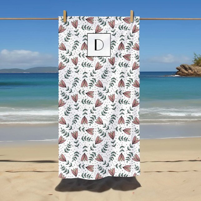 Toalha De Praia Padrão de Flores Florais Rosa Fofo com Seu Nome (Cute Pink Floral Flowers Pattern Your Name On Beach Towel)
