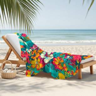 Toalha De Praia Padrão de Flores Tropicais Coloridas