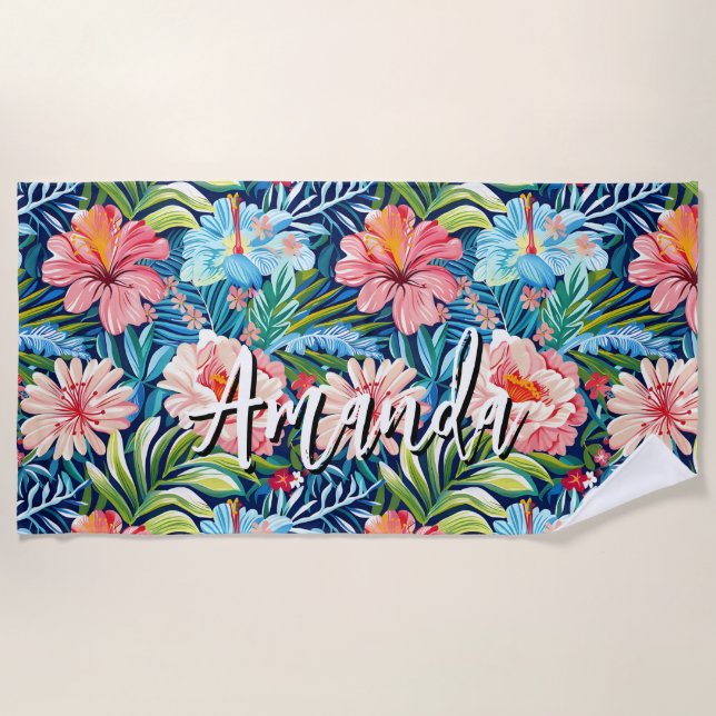 Toalha De Praia Padrão de Flores Tropicais de Verão Floral Bonito (Frente)
