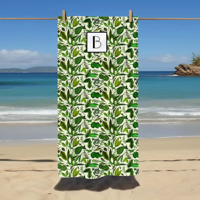 Toalha De Praia Padrão de Folhas Botânicas Monograma (Monogrammed Botanical Green Leaves Pattern Beach Towel)