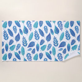 Toalha De Praia Padrão de Folhas de Aquarela Azul