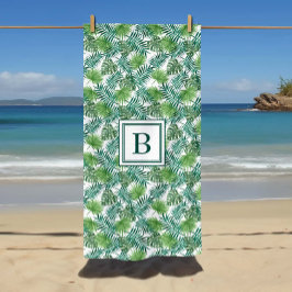 Toalha De Praia Padrão de Folhas de Palmeira Tropical Monogramada