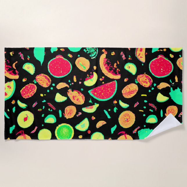 Toalha De Praia Padrão de Frutas Neon Vibrante (Frente)