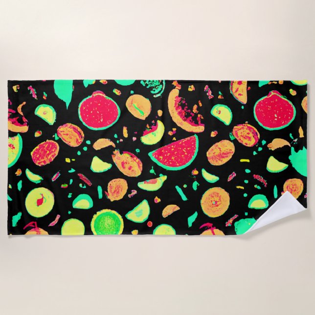 Toalha De Praia Padrão de Frutas Neon Vibrante (Frente)