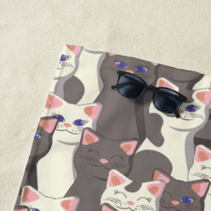 Toalha De Praia Padrão de gatos brancos e cinzas