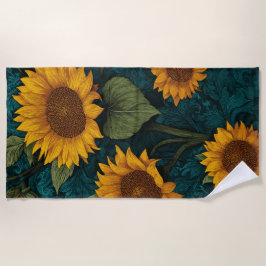 Toalha De Praia Padrão de Girassol Vintage – Design de Arte Botâni