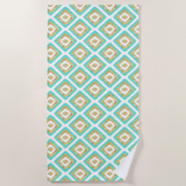Toalha De Praia Padrão de Ikat Chic Dourado e Turquoise