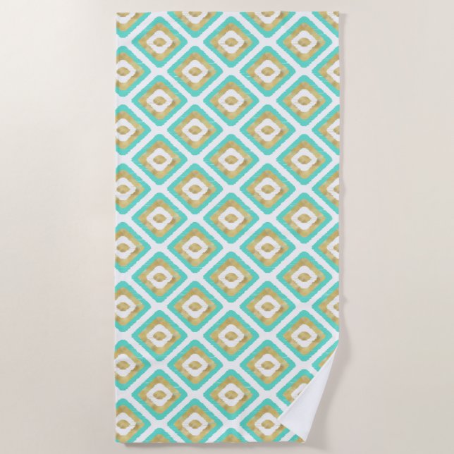 Toalha De Praia Padrão de Ikat Chic Dourado e Turquoise (Frente)