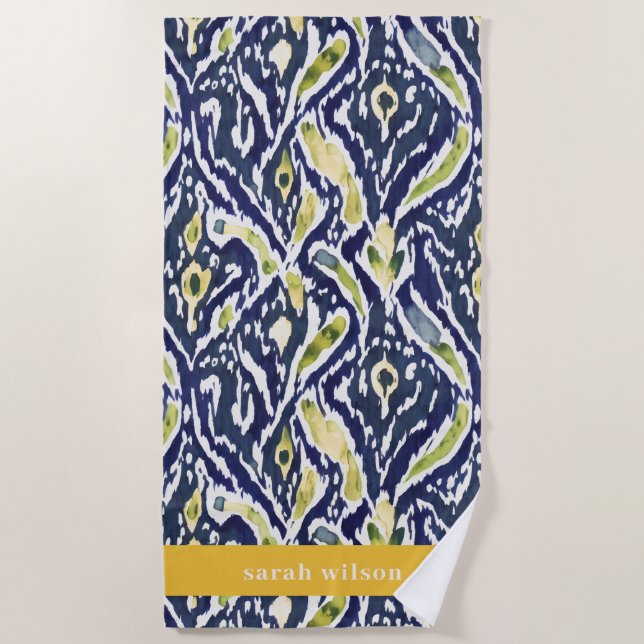 Toalha De Praia Padrão de Ikat Clássico Abstrato Amarelo Azul Negr (Frente)