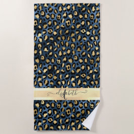 Toalha De Praia Padrão de Leopardo Monograma Azul Dourado