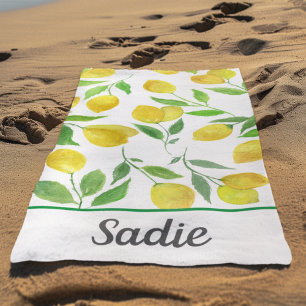 Toalha De Praia Padrão de Limões em Aquarela Personalizado