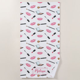 Toalha De Praia Padrão De Maqueamento E Lábios Rosa Com Nome Perso