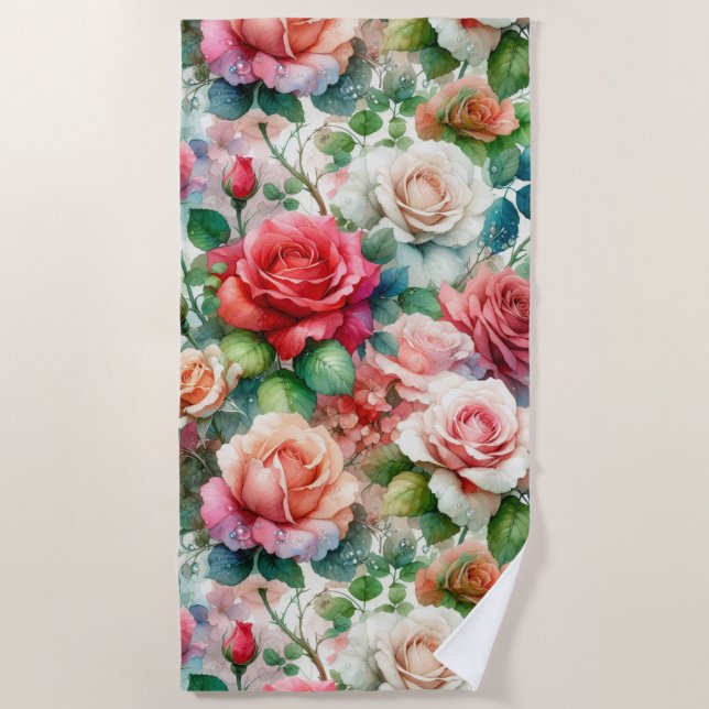 Toalha De Praia Padrão de Rosa Whimsical (Frente)