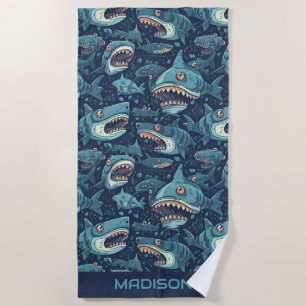 Toalha De Praia Padrão de Sharks de Nome Personalizado