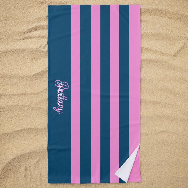 Toalha De Praia Padrão de Stripes Azul e Rosa Personalizado (Criador carregado)