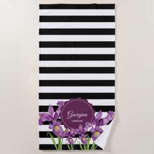 Toalha De Praia Padrão de Stripes Brancas Roxo-Roxo Iris Preto