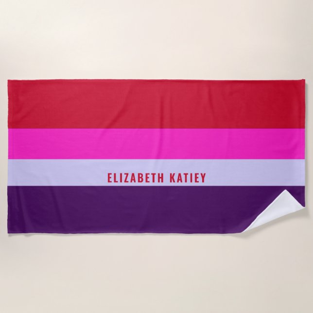 Toalha De Praia Padrão de Stripes Vermelhas, Rosa e Púrpura (Frente)