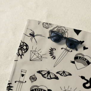 Toalha De Praia Padrão de Tatuagem Desenhada à Mão Preta e bege