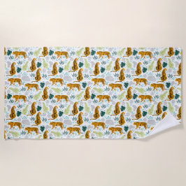 Toalha De Praia Padrão de Tigres e Folhas Tropicais