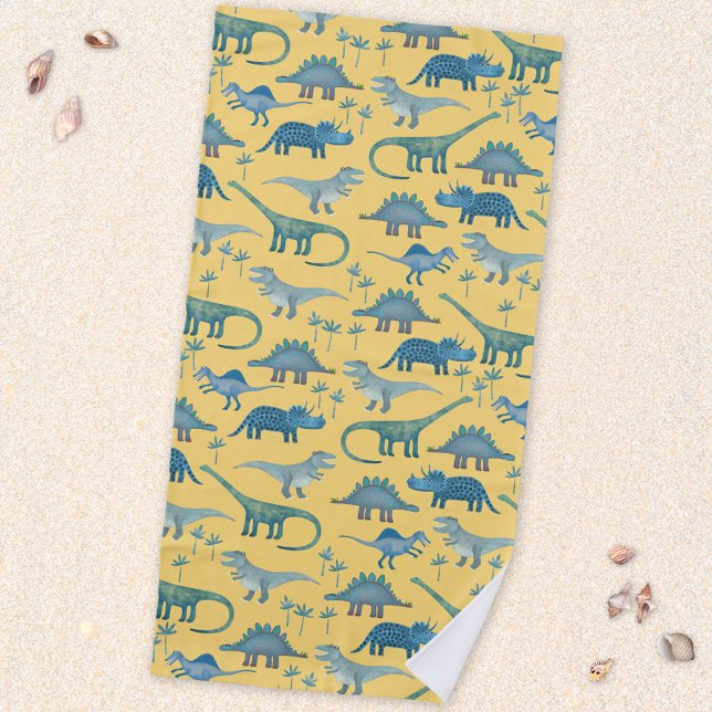 Toalha De Praia Padrão Dinossauro Pré-Histórico Bonito Amarelo (Fun prehistoric dinosaur pattern beach towel for paleontologists of all ages)
