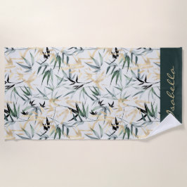 Toalha De Praia Padrão Dourado de bambu verde com aquarela japones