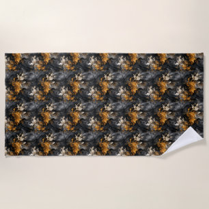 Toalha De Praia Padrão Dourado Floral  Elegante Preto