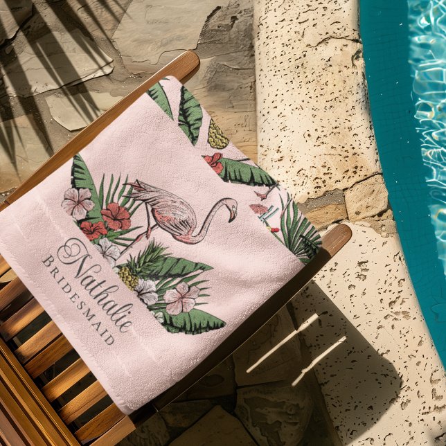 Toalha De Praia Padrão Flamingo Floral Rosa Tropical (Tropical Pink Flamingo Bridesmaid Beach / Pool Towels. Flamingo, Hibiscus Flowers, Pineapple, Drinks)