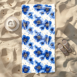 Toalha De Praia Padrão Floral Azul com Acentos Dourados