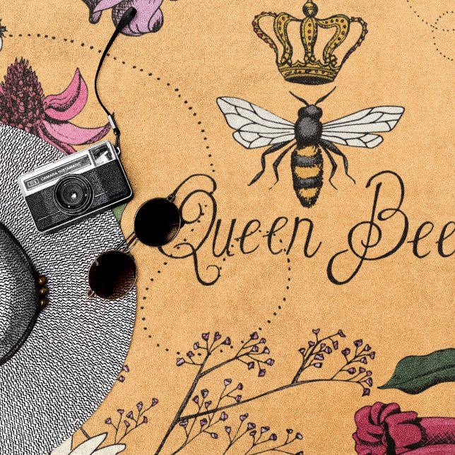 Toalha De Praia Padrão Floral da Rainha Laranja (Orange Queen Bee Royal Crown Floral Pattern with Queen Bee, Crown, Exotic flowers, bees, beehive)