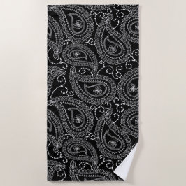 Toalha De Praia Padrão Floral do Damasco Elegante Preto e Branco