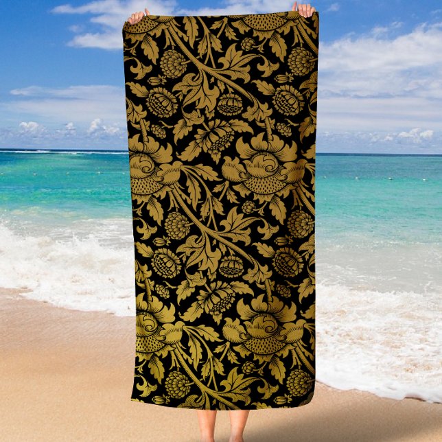 Toalha De Praia Padrão Floral Dourado e Preto Elegante (Elegant Black and Gold Floral and Leaf Pattern Beach Towel)