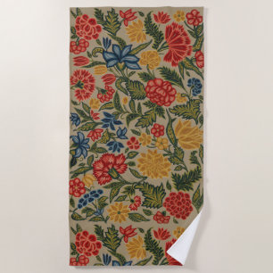 Toalha De Praia Padrão Floral em Crewel Vintage Vermelho e Dourado