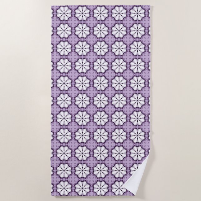 Toalha De Praia Padrão floral roxo e branco (Frente)