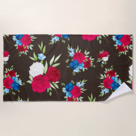 Toalha De Praia Padrão Floral Vermelho Azul Elegante em Marrom Esc