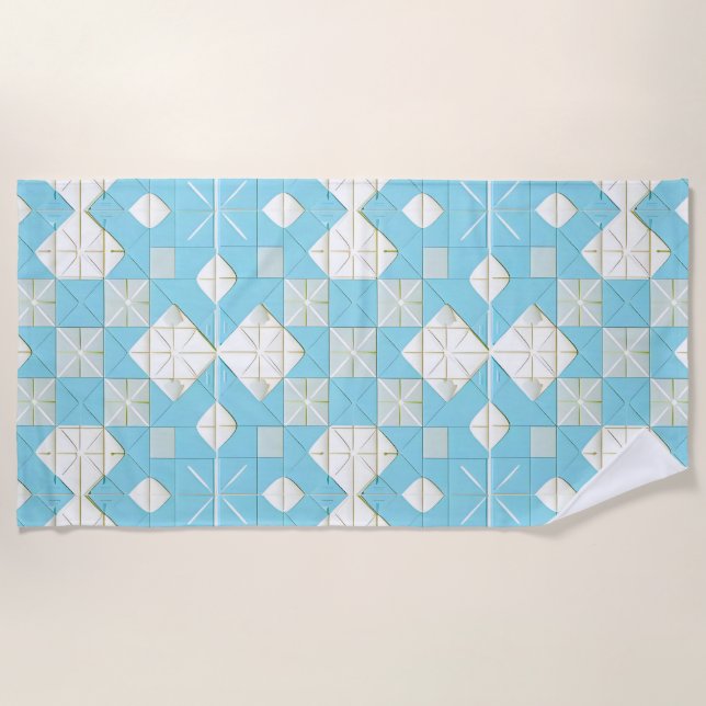 Toalha De Praia Padrão Geométrico Azul e Branco (Frente)