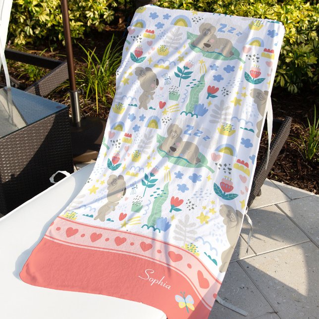 Toalha De Praia Padrão Koala bonito com nome de garotinha a rosa (Criador carregado)