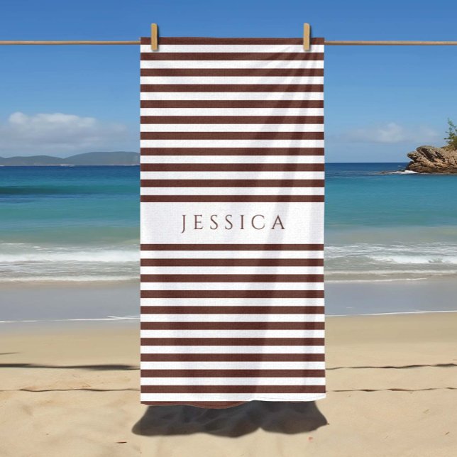 Toalha De Praia Padrão Limpo Moderno e Moderno Personalizado (Personalized Modern Brown Striped Pattern Beach Towel)