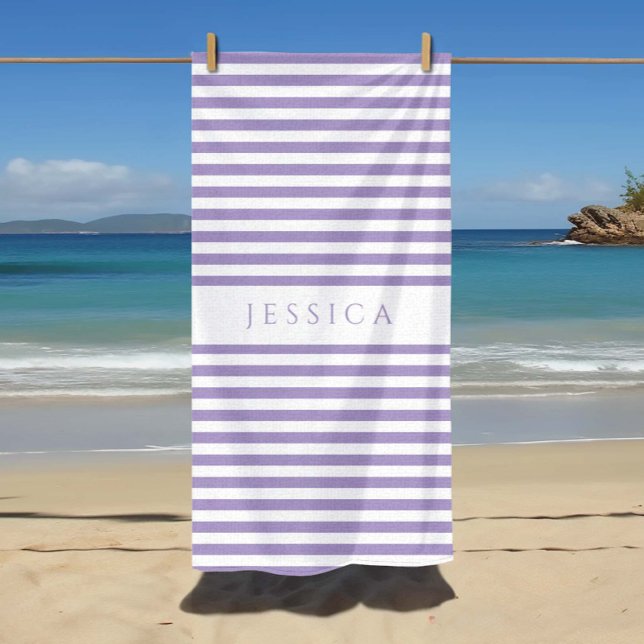 Toalha De Praia Padrão Limpo Roxo Moderno Personalizado (Personalized Modern Purple Striped Pattern Beach Towel)