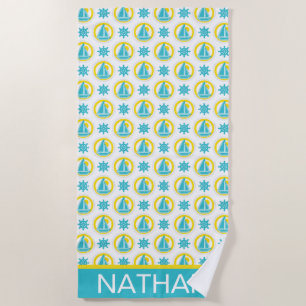 Toalha De Praia Padrão Náutico Amarelo-Cinto e Azul Personalizado