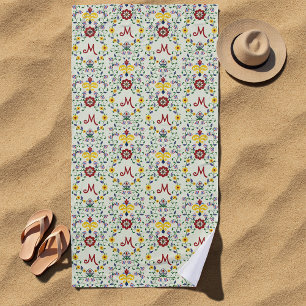 Toalha De Praia Padrão nórdico do Monograma Rosemaling escandinavo