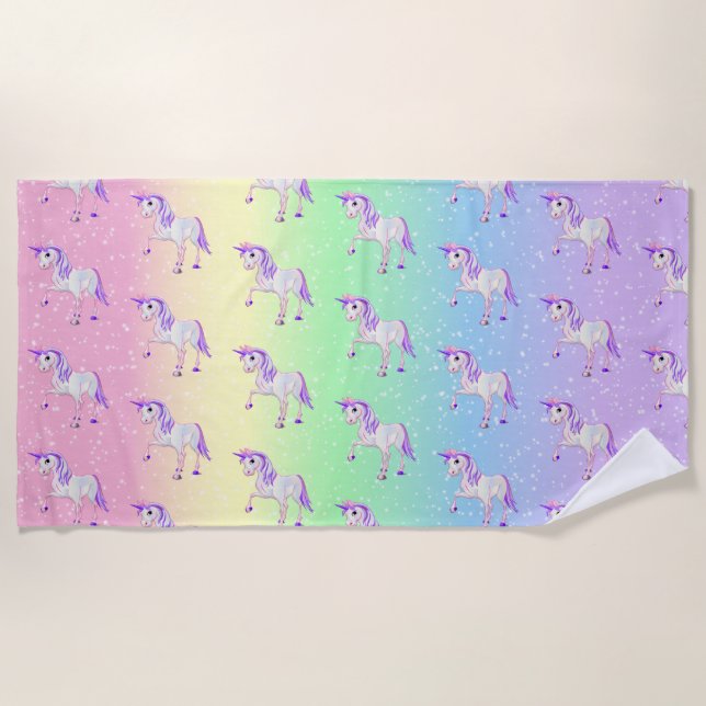 Toalha De Praia Padrão Pastel Rainbow e Cute 🦄 Unicorn (Frente)