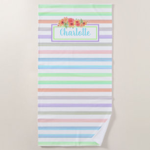 Toalha De Praia Padrão Personalizado De Aquarela Floral Em Stripe
