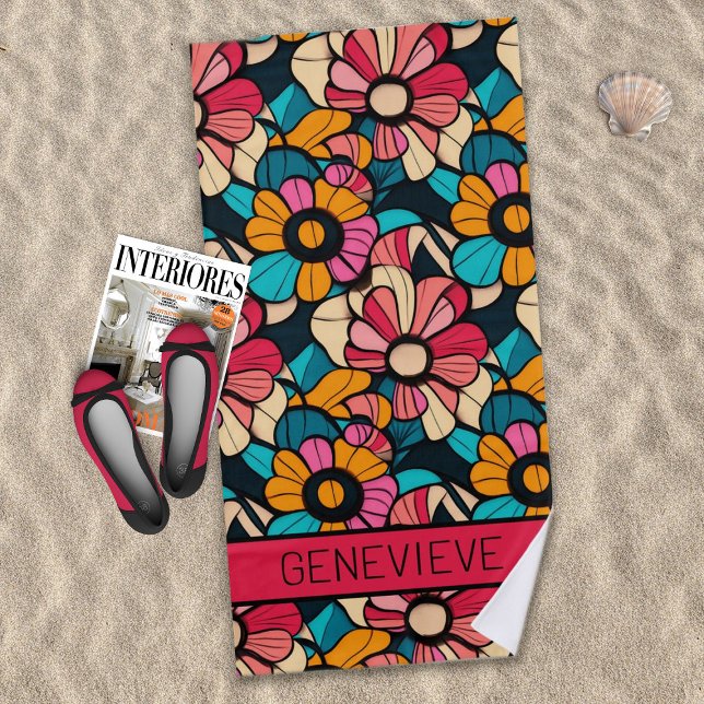 Toalha De Praia Padrão Retro Floral Fantástico em Berry & Orange (Criador carregado)