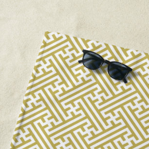 Toalha De Praia Padrão Sayagata, Japonês, Dourado e Branco