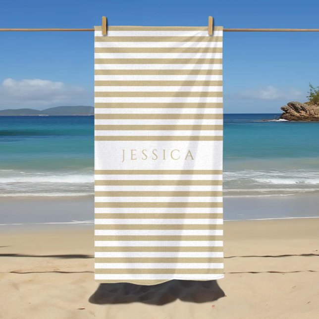 Toalha De Praia Padrão Separado de bege Moderno Personalizado (Personalized Modern Beige Striped Pattern Beach Towel)