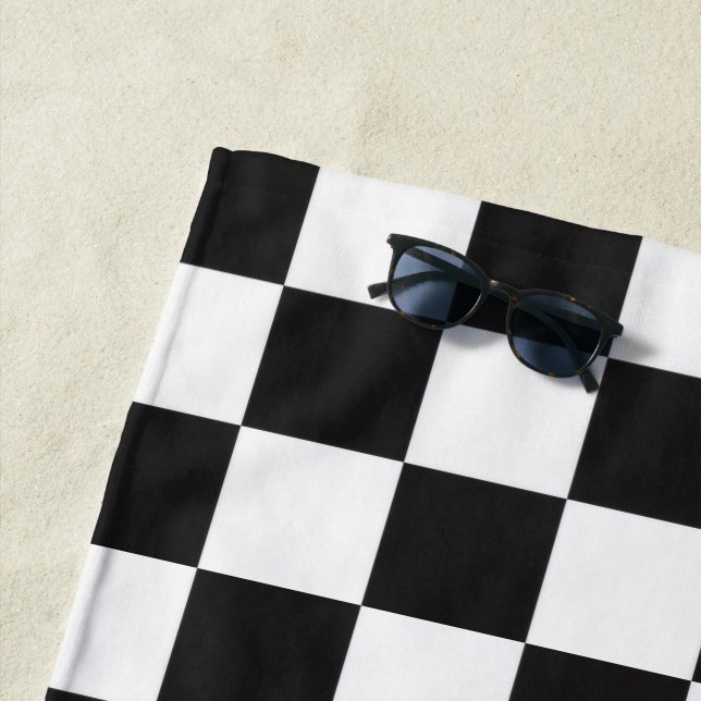 Toalha De Praia Padrão sofisticado de verificação em preto e branc (In Situ)