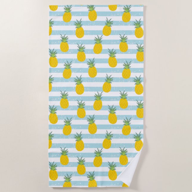 Toalha De Praia Padrão Trendy Blue Stripes Pineapple (Frente)