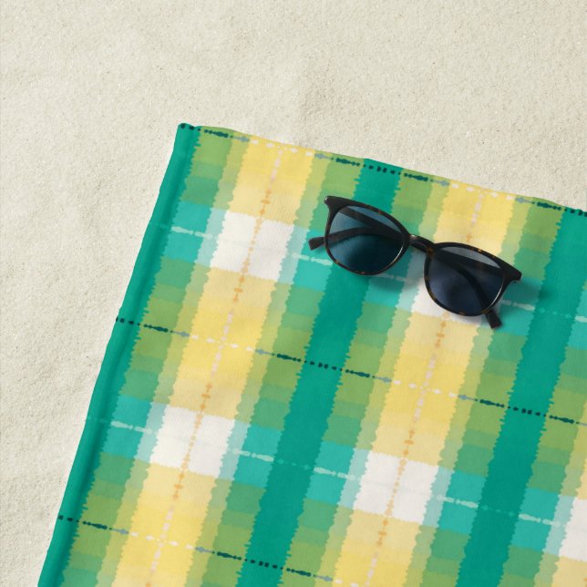 Toalha De Praia Padrão Verde-Teal Amarelo-Branco-Riscado (In Situ)