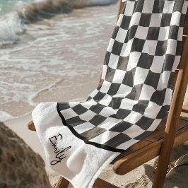 Toalha De Praia Padrão Xadrez Preto Personalizado Pintado