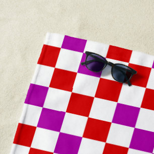 Toalha De Praia Padrão Xadrez Vermelho Branco Roxo Design